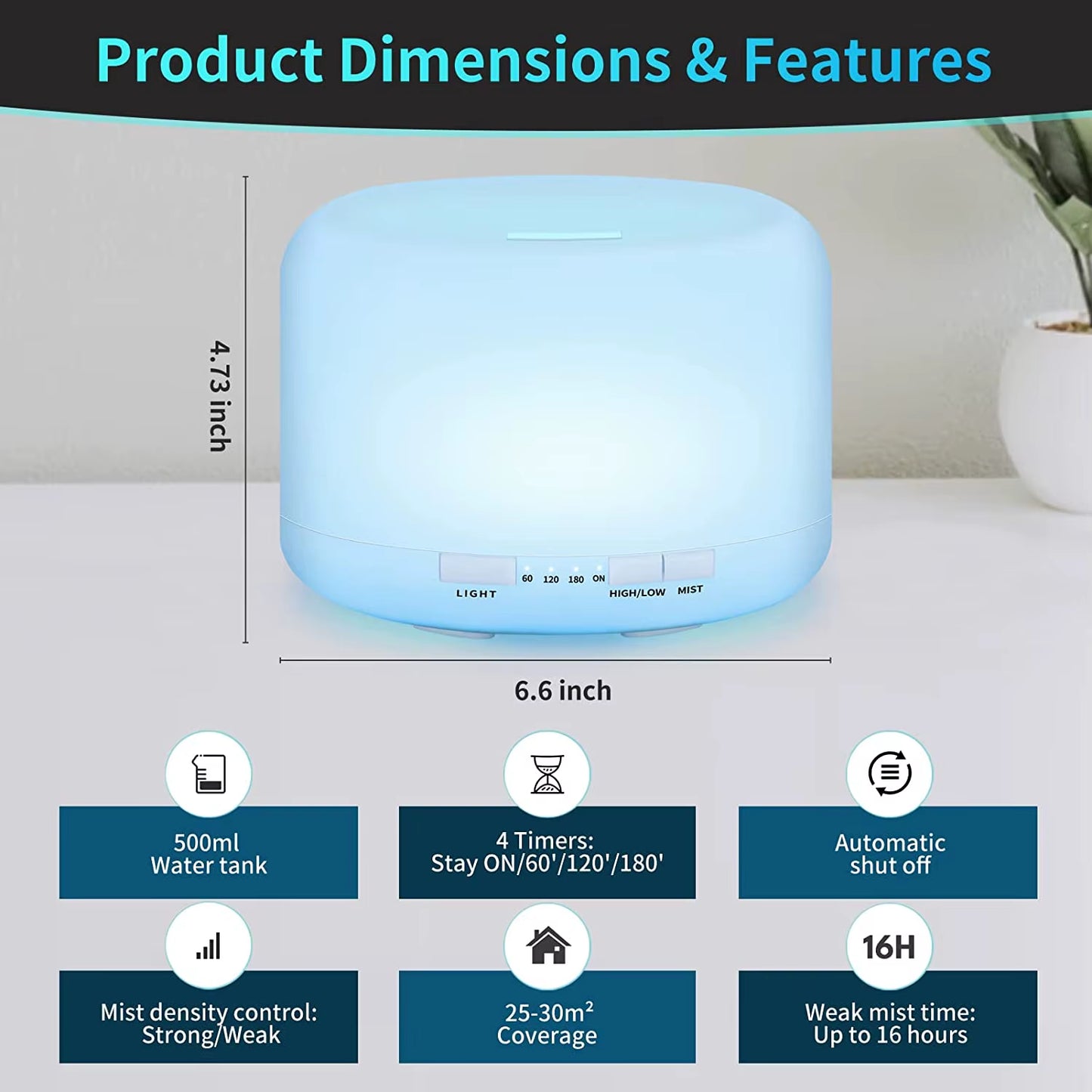 Ultrasonic Cool Mist Humidifier, Aroma Essential Oil Diffuser 7 Color Night Light with Bluetooth Music Speaker, Auto Shut Off