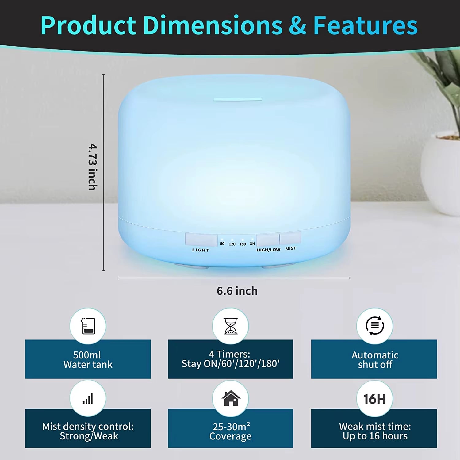 Ultrasonic Cool Mist Humidifier, Aroma Essential Oil Diffuser 7 Color Night Light with Bluetooth Music Speaker, Auto Shut Off